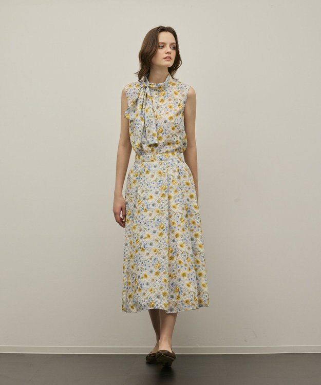 GRACE CONTINENTAL シアーフラワープリントジャガードフレアスカート イエロー