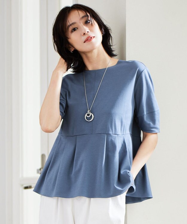 自由区 【接触冷感・UVカット・吸水速乾・抗菌防臭・洗える】ハイツイストポンチペプラム カットソー ブルーグレー