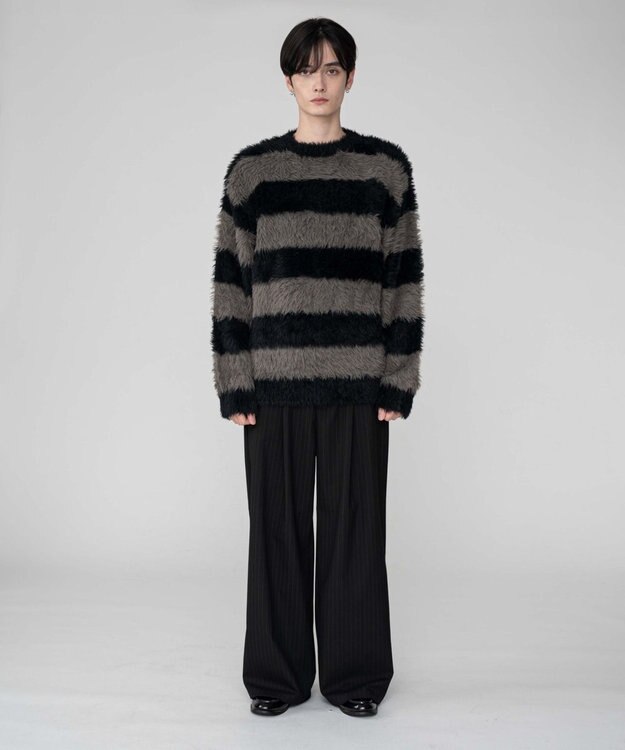 WEGO 【2025秋冬新作/ユニセックス着用ITEM/MLサイズ展開】フェザーニットプルオーバー ブラックボーダー