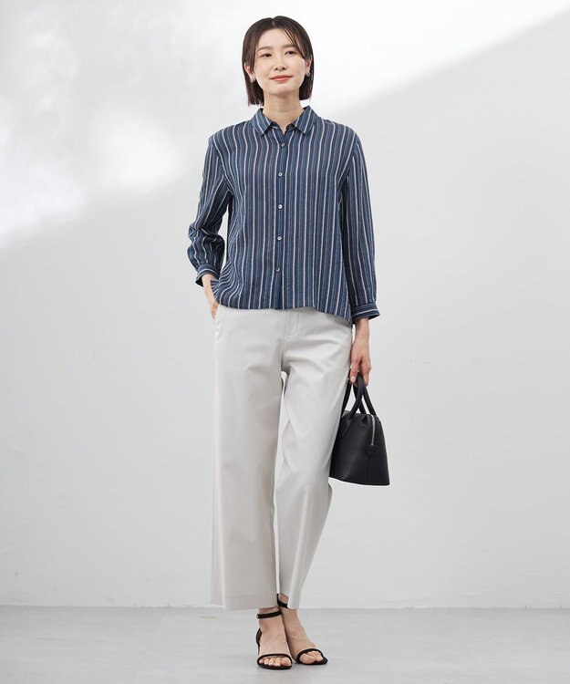 J.PRESS LADIES S 【洗える】ランダムストライプ シアー シャツカラー カットソー ネイビーストライプ系