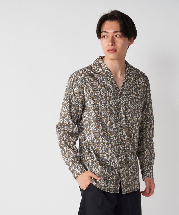 OP／FILA 【Ocean Pacific】プリント長袖オープンネックシャツ ブラウン