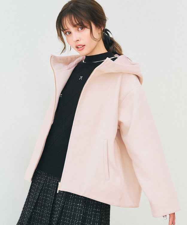 Feroux フード付きコクーンショート コート ピンク系