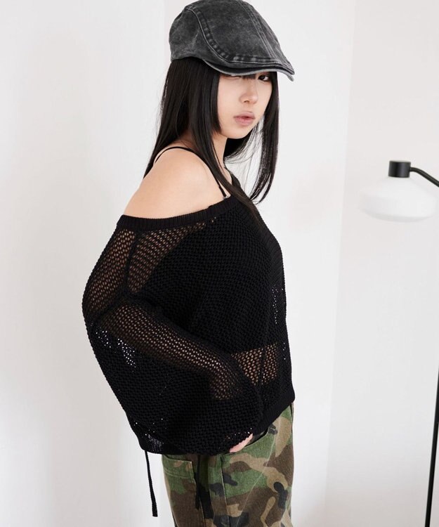 WEGO 2WAYオフショルメッシュニット ブラック