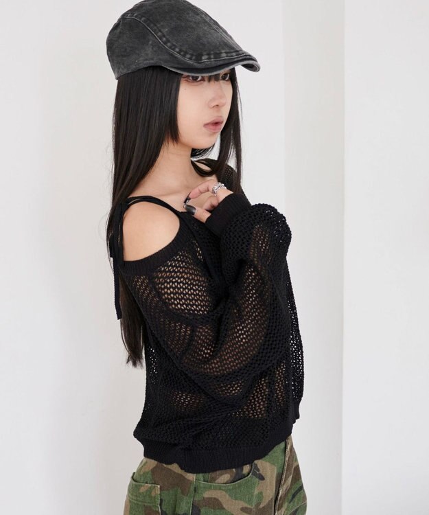 WEGO 2WAYオフショルメッシュニット ブラック