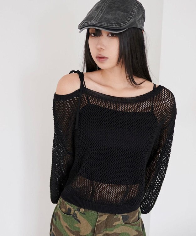 WEGO 2WAYオフショルメッシュニット ブラック