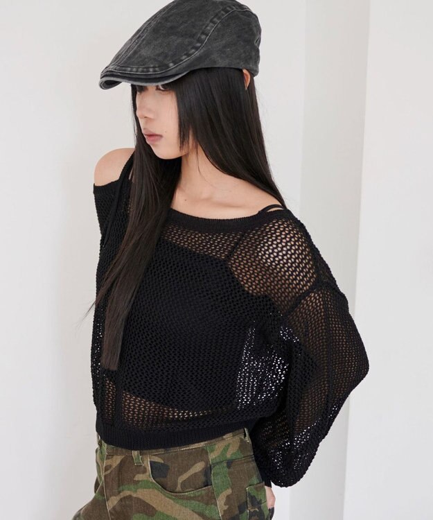 WEGO 2WAYオフショルメッシュニット ブラック