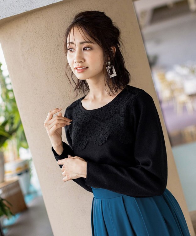 Tiaclasse L 【洗える】大人上品なスカラップレースコンビニット ブラック