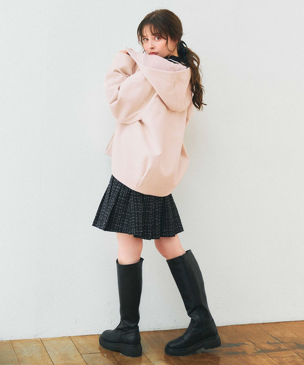 Feroux フード付きコクーンショート コート ピンク系