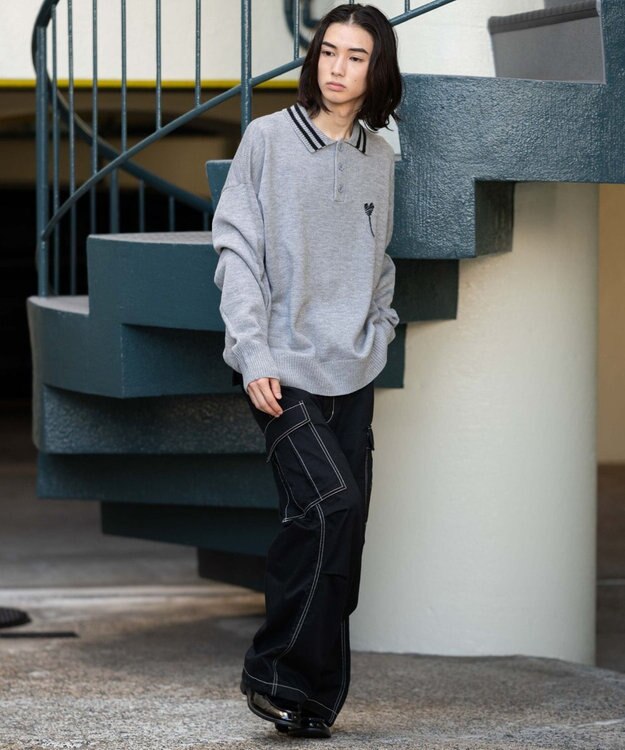 WEGO ラインポロニットプルオーバー グレー