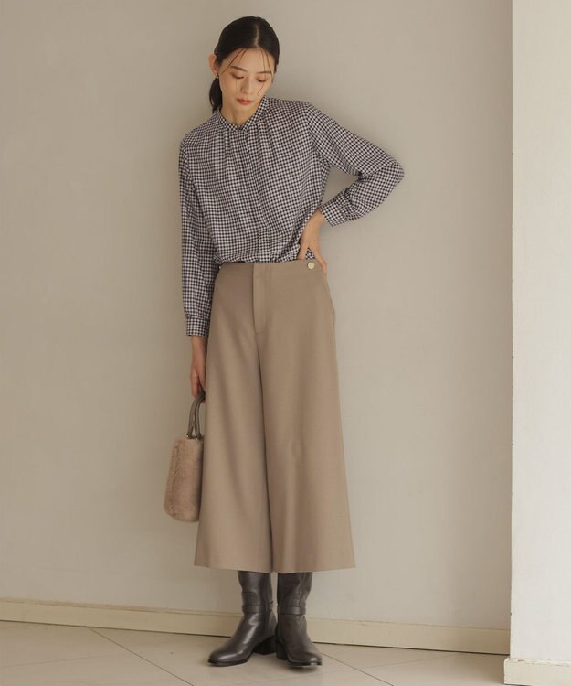 J.PRESS LADIES L 【洗える】ポリエステルヴィスコースブロックチェック バンドカラー ブラウス チャコール×ピンク系