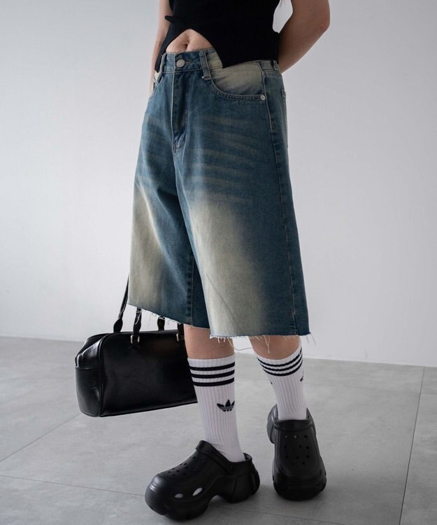 WEGO ウオッシュドデニムハーフパンツ デニム中濃色