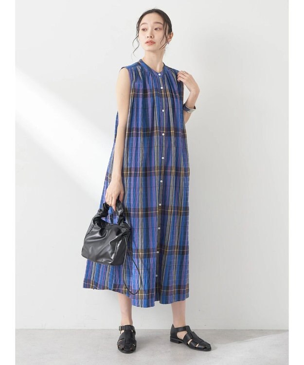 earth music&ecology 綿ＰＵクレープワンピース（ｃｈｅｃｋ柄） Blue