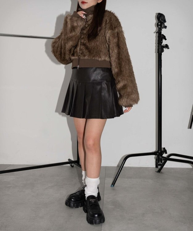 WEGO ヴィンテージライクFレザープリーツスカパン ダークブラウン