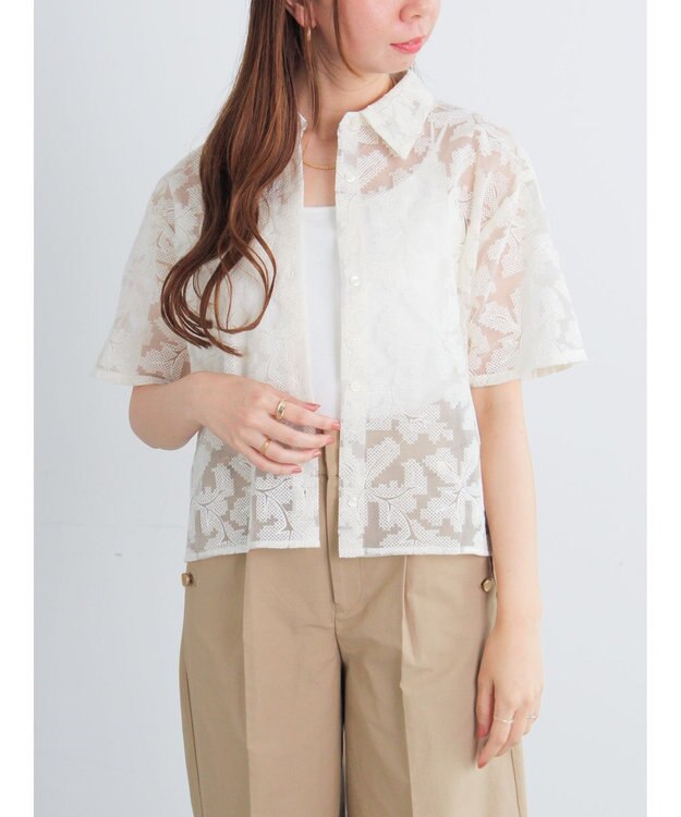 Te chichi オーガンジー刺繍ハーフスリーブシャツ オフホワイト