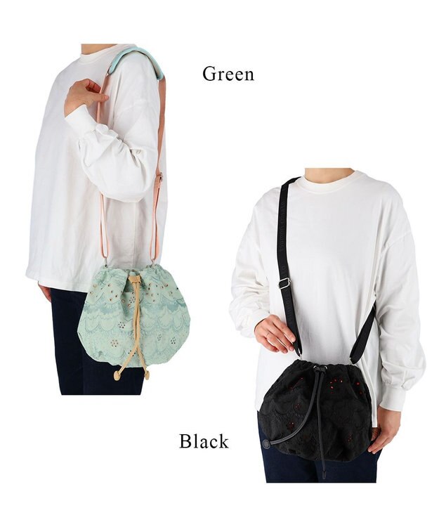 tsumori chisato CARRY スカラップ 刺繍 ショルダーバッグ 巾着 グリーン