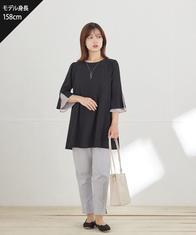 Tiaclasse L 【新色追加】シフォンフレア袖チュニックブラウス ブラック