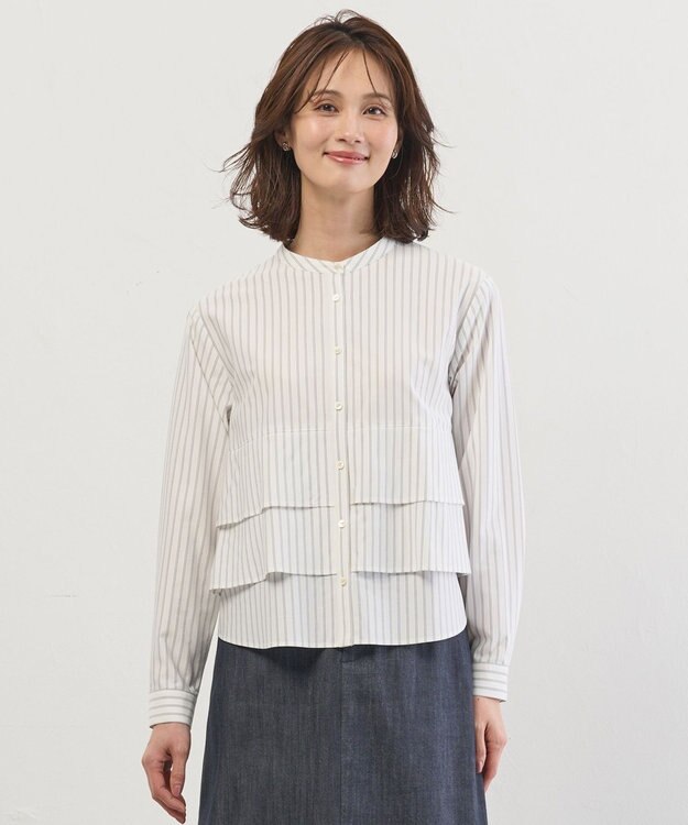 J.PRESS LADIES ストライプジャージー フリル カットソー ホワイトベース系