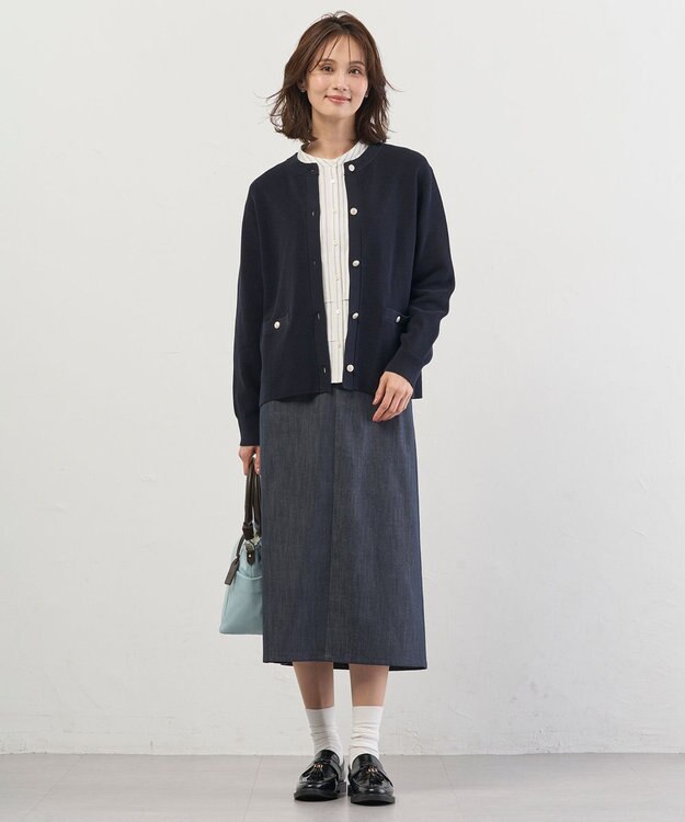 J.PRESS LADIES ストライプジャージー フリル カットソー ホワイトベース系