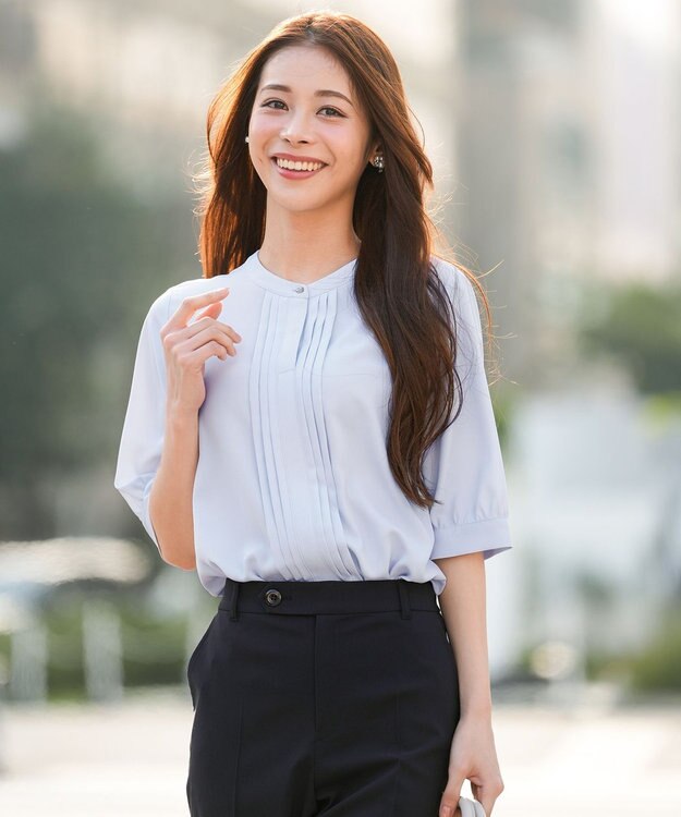 ANY SIS バンドカラーフロントタック ブラウス ライトブルー