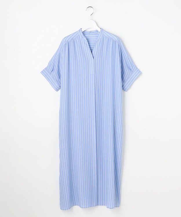 自由区 【接触冷感・UVケア・抗菌防臭・洗える】リヨセルポプリンシャツ ワンピース [新色]サックス×オフストライプ