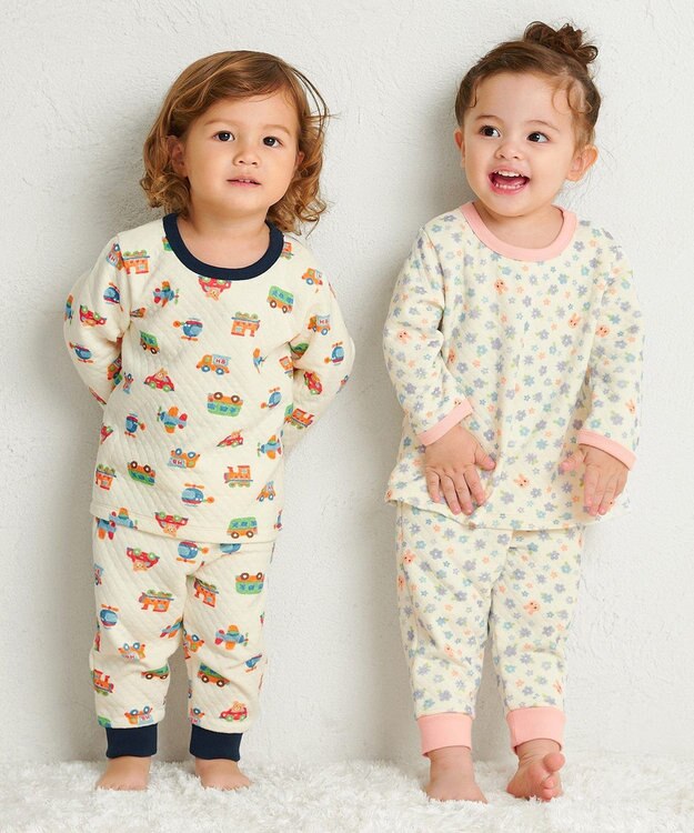 MIKI HOUSE HOT BISCUITS 【80-120cm】 あったかキルト素材 乗り物柄 腹巻き付き長袖パジャマ アイボリー