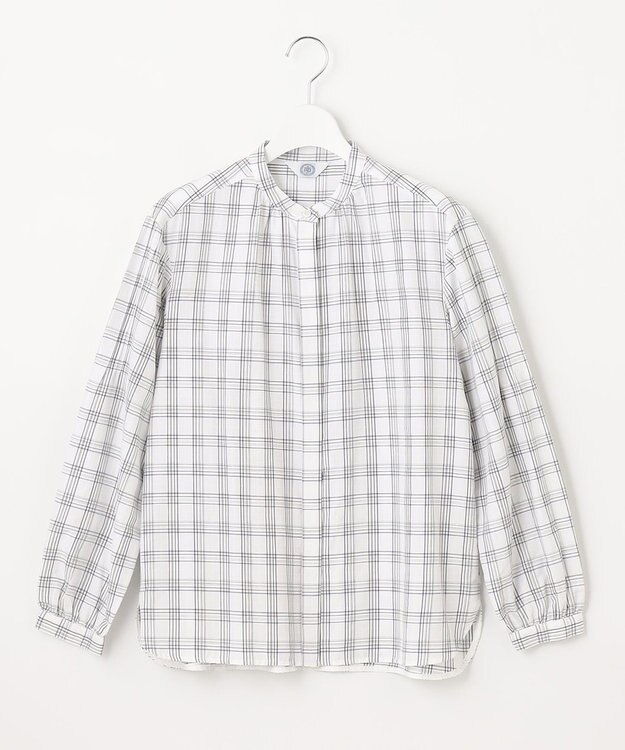 J.PRESS LADIES 【洗える】 セルロースチェック バンドカラー ブラウス ネイビー系3