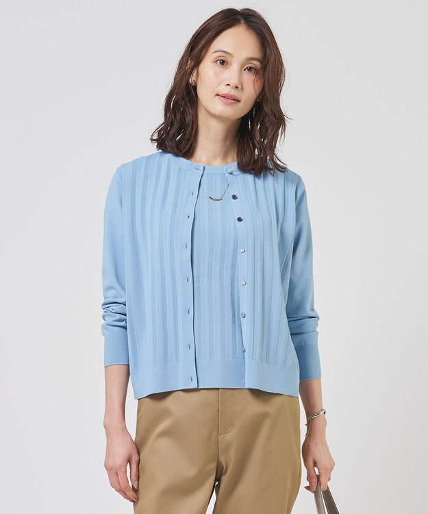 J.PRESS LADIES Rayon Elite Stretch クルーネック カーディガン サックスブルー系