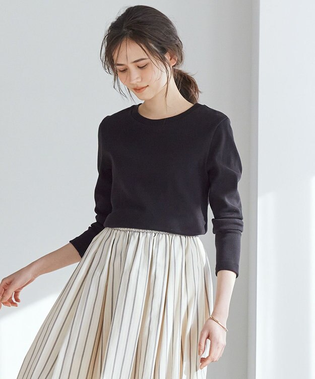 23区 L 【SLOW/洗える】ミドルフライスジャージー ロングTシャツ ブラック系