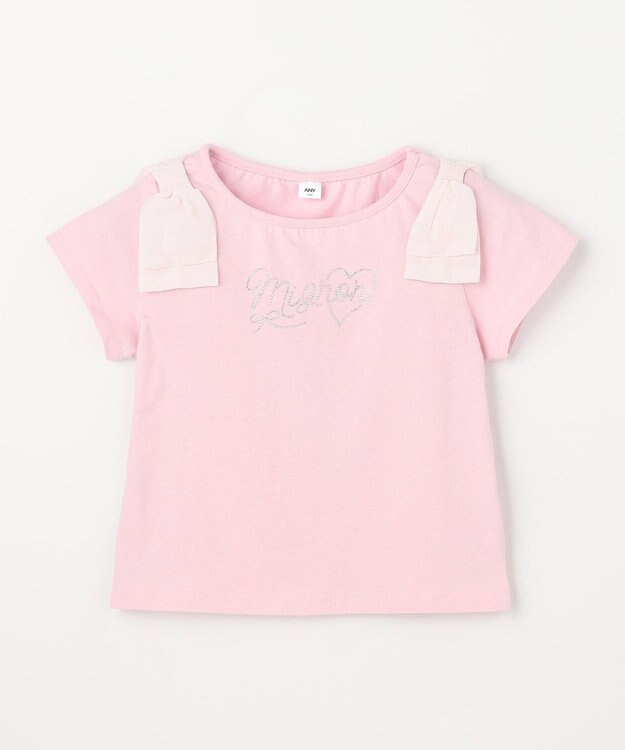 ANY KIDS 【綿100%】肩リボン×ラインストーンロゴ 半袖Tシャツ ピンク