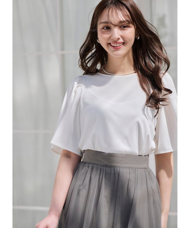 ANY SIS 【接触冷感・吸水速乾・UVケア】エアリードレープスムース フレア袖 ブラウス オフ