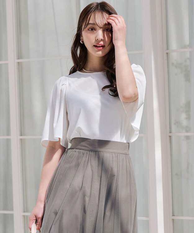 ANY SIS 【接触冷感・吸水速乾・UVケア】エアリードレープスムース フレア袖 ブラウス オフ