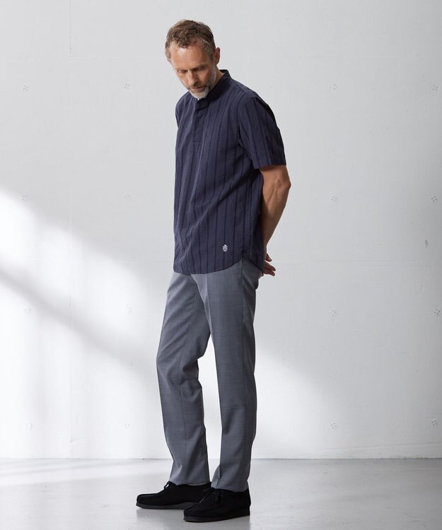 J.PRESS MEN 【HYBRID LINEN】ドビーストライプ バンドカラーラガーシャツ ネイビー系