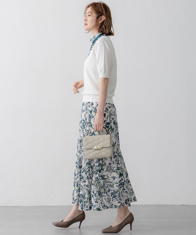 23区 【洗える】ニュアンスフラワープリント フレア スカート ダークグリーンプリント