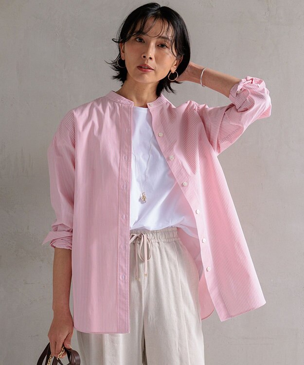 23区 【Oggi4月号掲載/洗える】CANCLINI バンドカラー シャツ ピンクストライプ