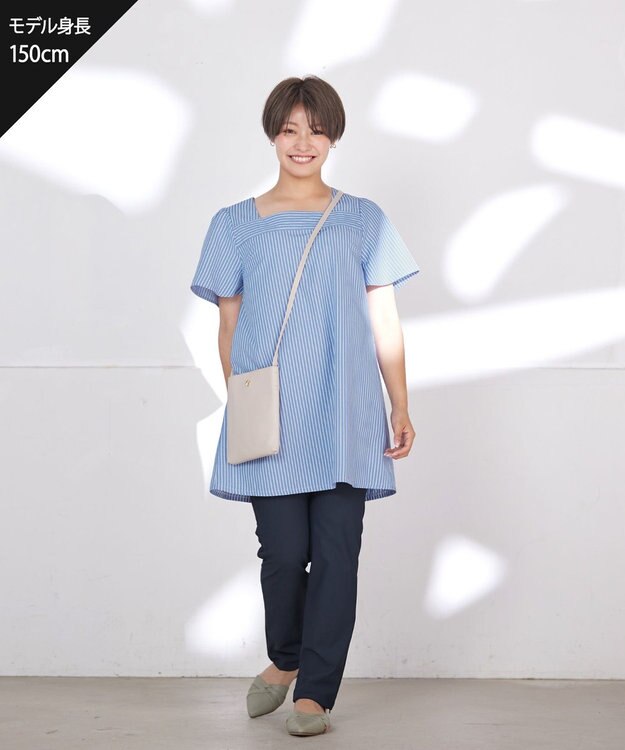 Tiaclasse L 【洗える】ストライプフレアスリーブチュニックブラウス ブルー