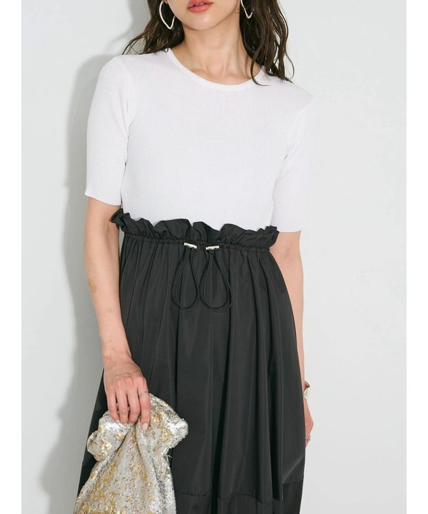 Green Parks ランタン型ニットドッキングタフタワンピース Off White