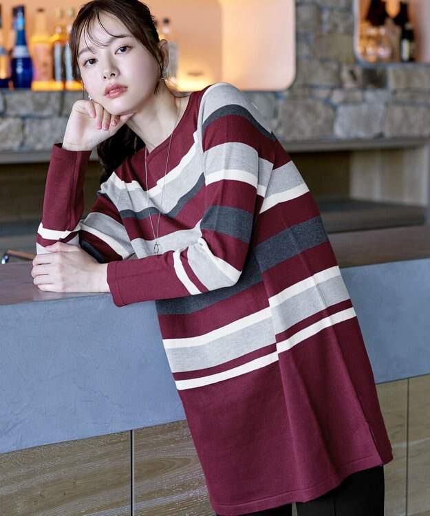 Tiaclasse L 【洗える】マルチボーダーニットチュニック ボルドー