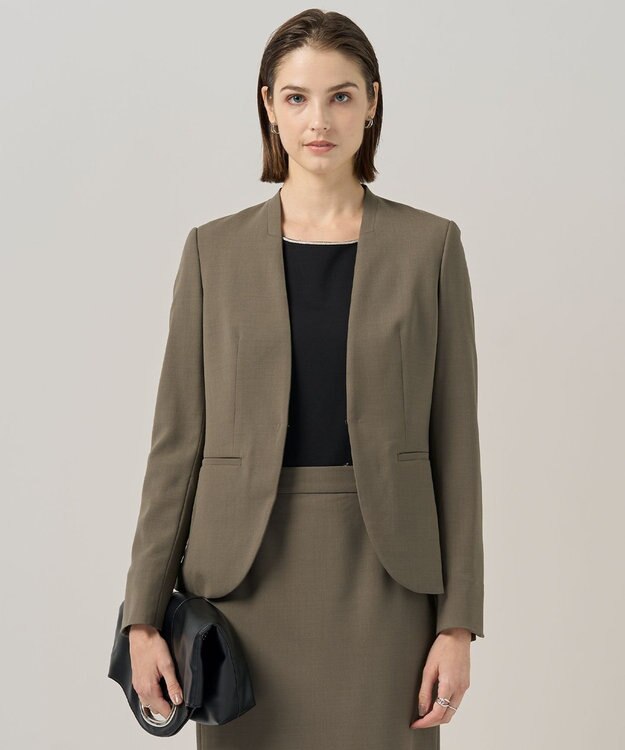 ICB 【UVカット・洗える】ウール2WAYストレッチ ノーカラージャケット モカ