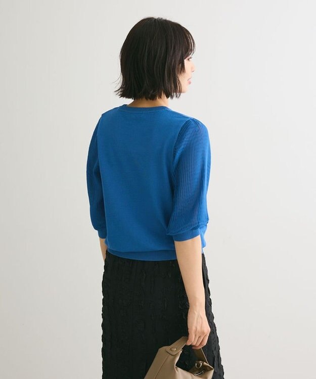Green Parks 袖プリーツドッキング５分袖ニットプルオーバー Blue
