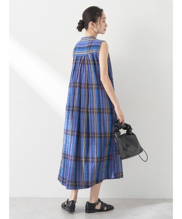 earth music&ecology 綿ＰＵクレープワンピース（ｃｈｅｃｋ柄） Blue