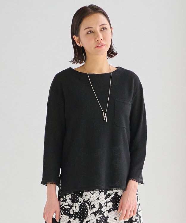 自由区 L 【洗える】リネンフリンジディテール8分袖 ニット ブラック系