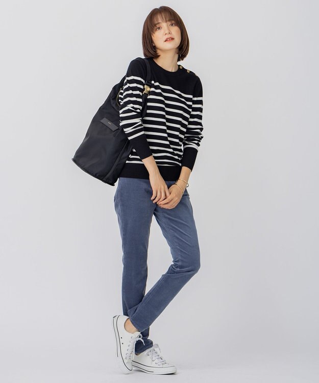 23区 L 【CLASSY.12月号掲載】セミウーステッドウール 肩ボタン ボーダー ニット  ブラック×オフホワイトボーダー