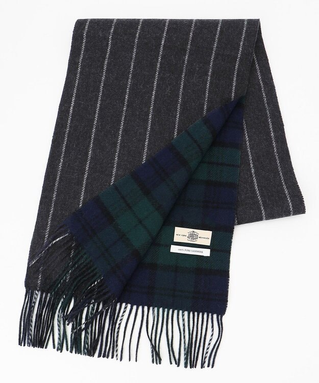 J.PRESS MEN リバーシブル カシミヤマフラー チェック×ストライプ ネイビー系4