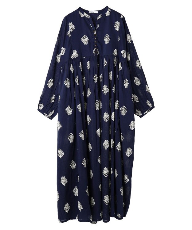 CRAFT STANDARD BOUTIQUE インド綿混フラワーモチーフワンピース Navy