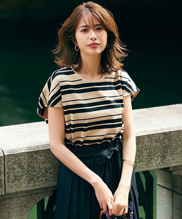 23区 S 【洗える】ランダムボーダー クルーネック カットソー ベージュ×ブラック