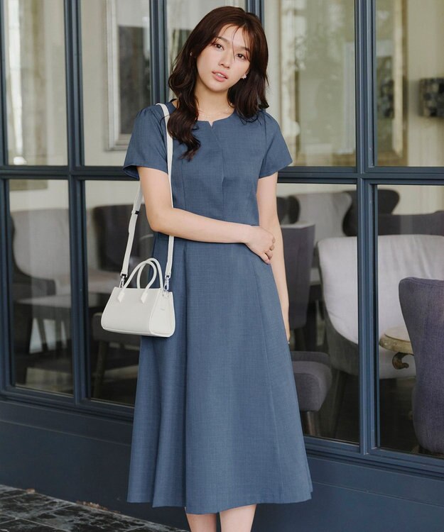 Tiaclasse 【小倉優子さん着用・洗える】フラップ付きミディアム丈フレアワンピース ブルー