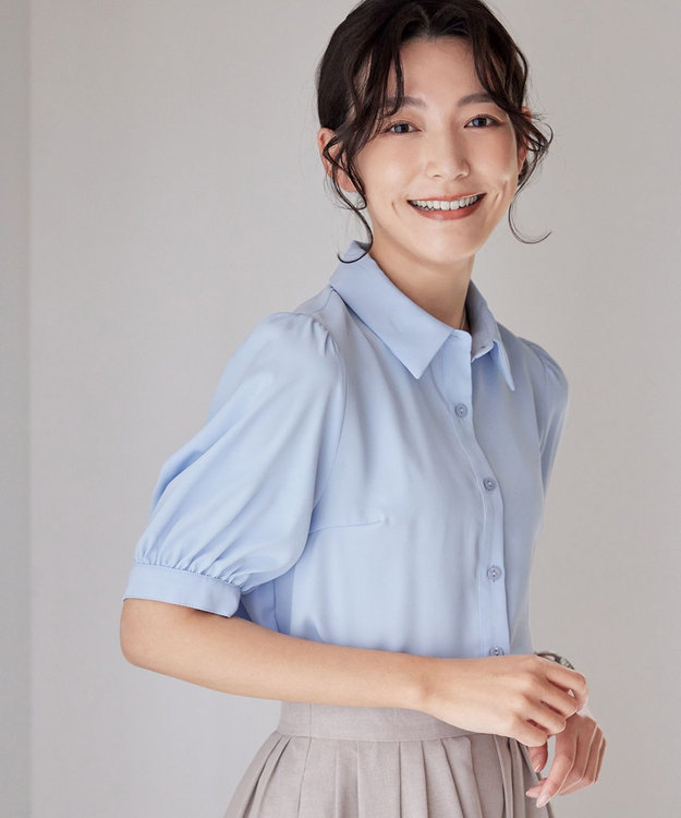 Tiaclasse L 【洗える】パフスリーブシャツブラウス サックス