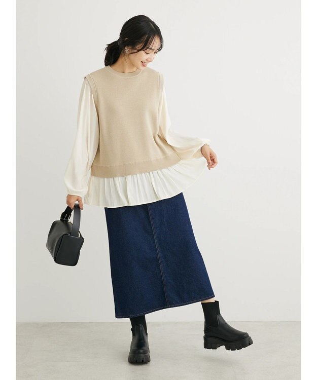 Green Parks とろみ布帛ドッキングニットチュニック Beige