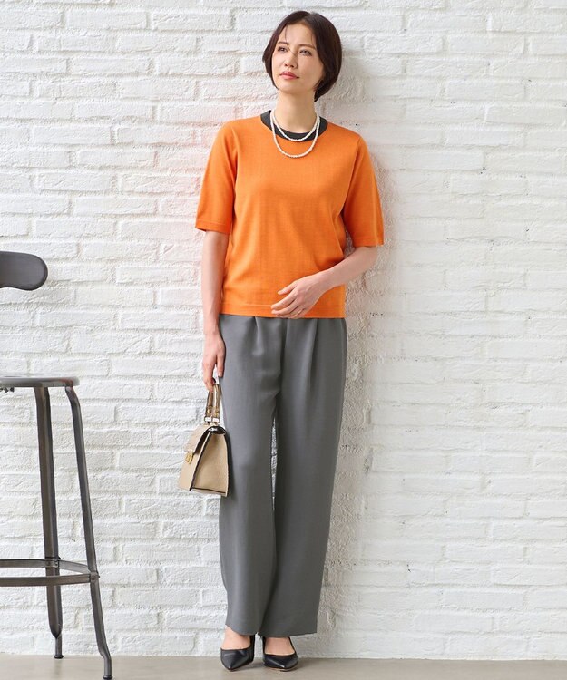 自由区 L 【アンサンブル対応・洗える】ウールシルク5分袖 ニット ビタミンオレンジ
