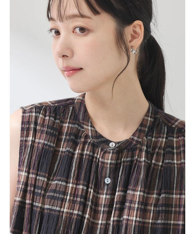 earth music&ecology 綿ＰＵクレープワンピース（ｃｈｅｃｋ柄） Brown